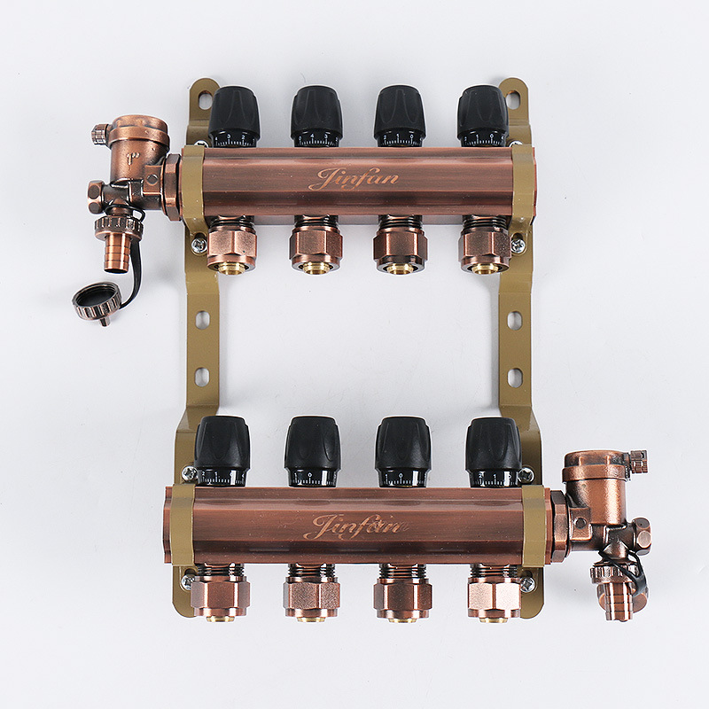 古铜色地暖铜分水器厂家 锻造连体集分水器 黄铜地暖分水器排气阀