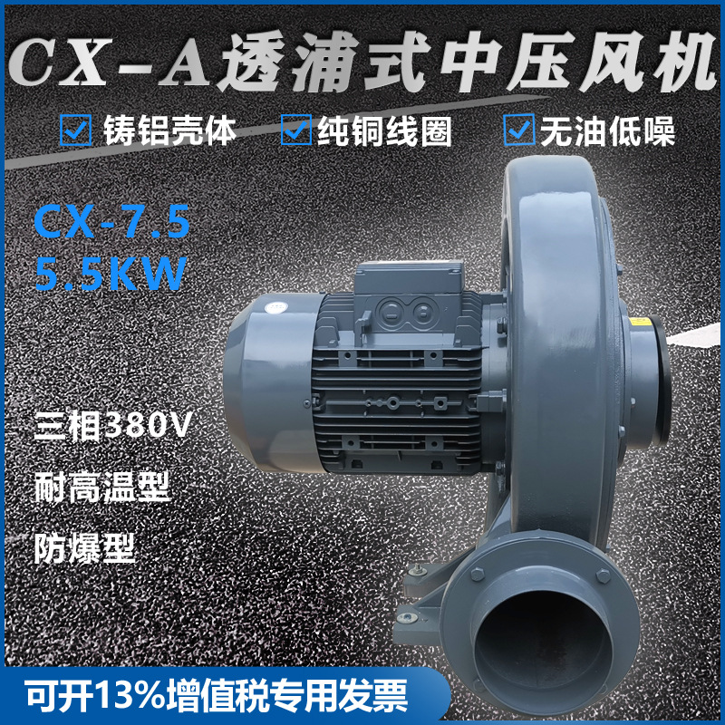 升鸿CX-7.5鼓风机透浦式5.5KW铝合金中压风机耐高温负压风机锅炉