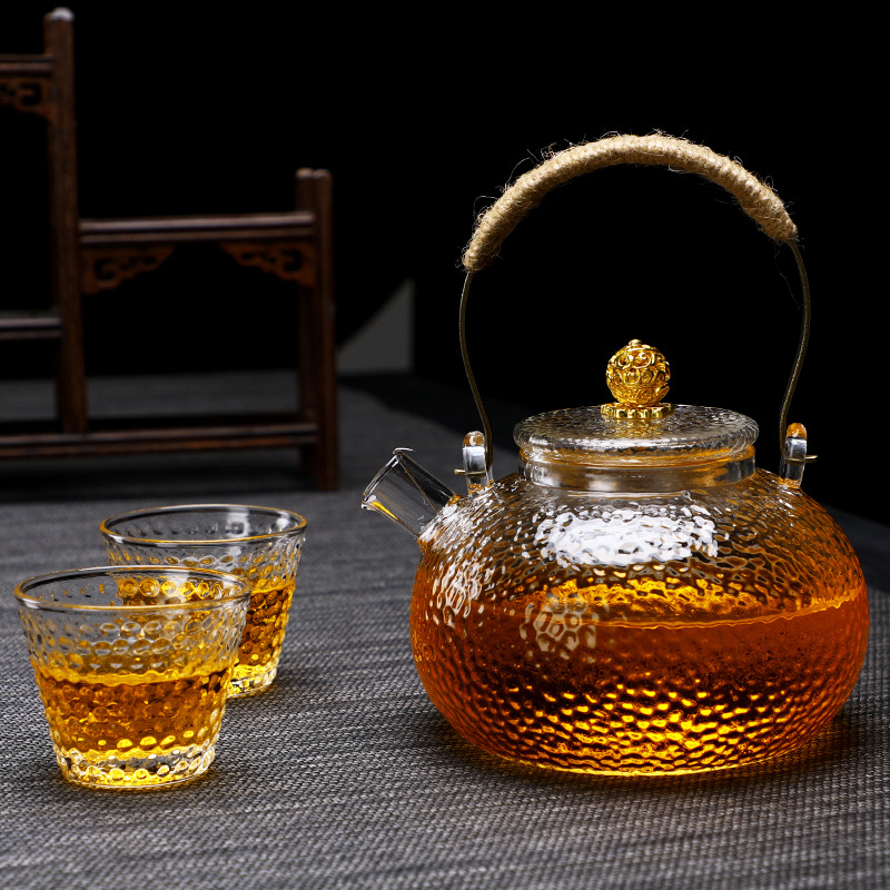 日式玻璃壶锤纹煮茶壶电陶炉专用烧水壶铜把提梁壶玻璃茶具