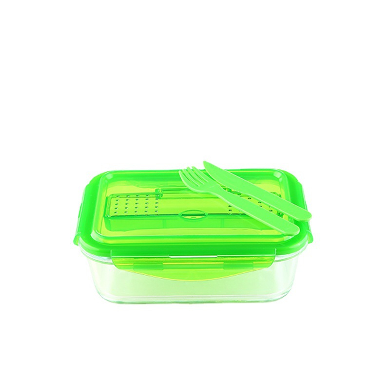 高硼硅微波炉加热玻璃饭盒冰箱冷藏收纳盒1.0L长方形带刀叉密封碗