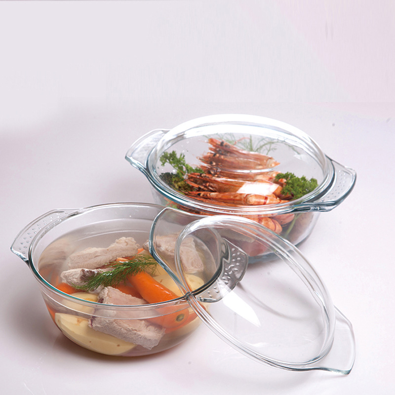 黑山玻璃1.4+2.0L微波炉烤箱加热双耳锅带盖高硼硅玻璃水果碗汤煲