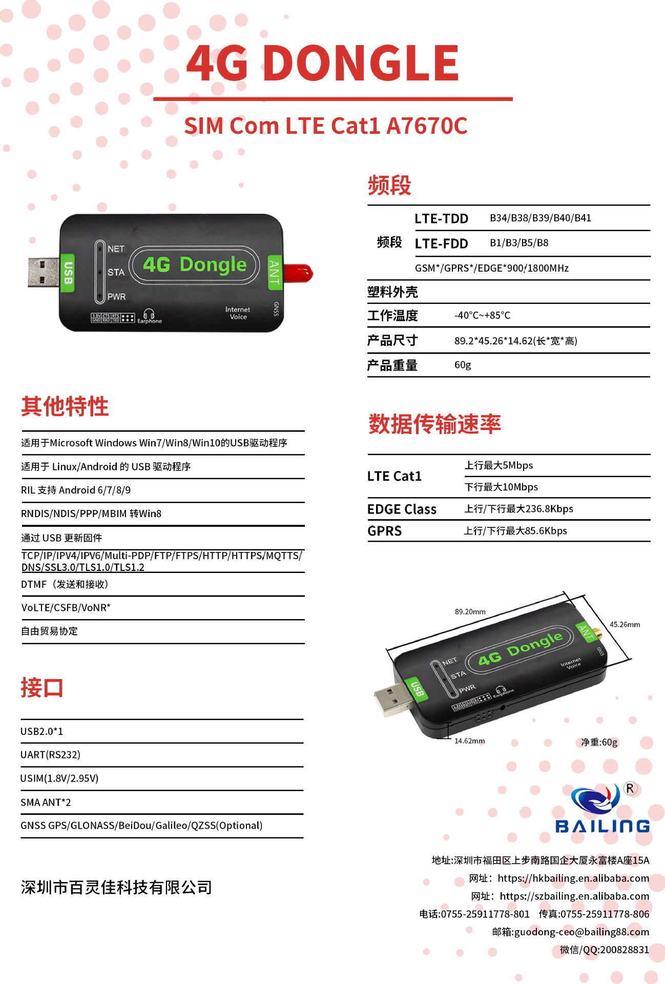 4G DONGLE CAT1 A7670C规格书