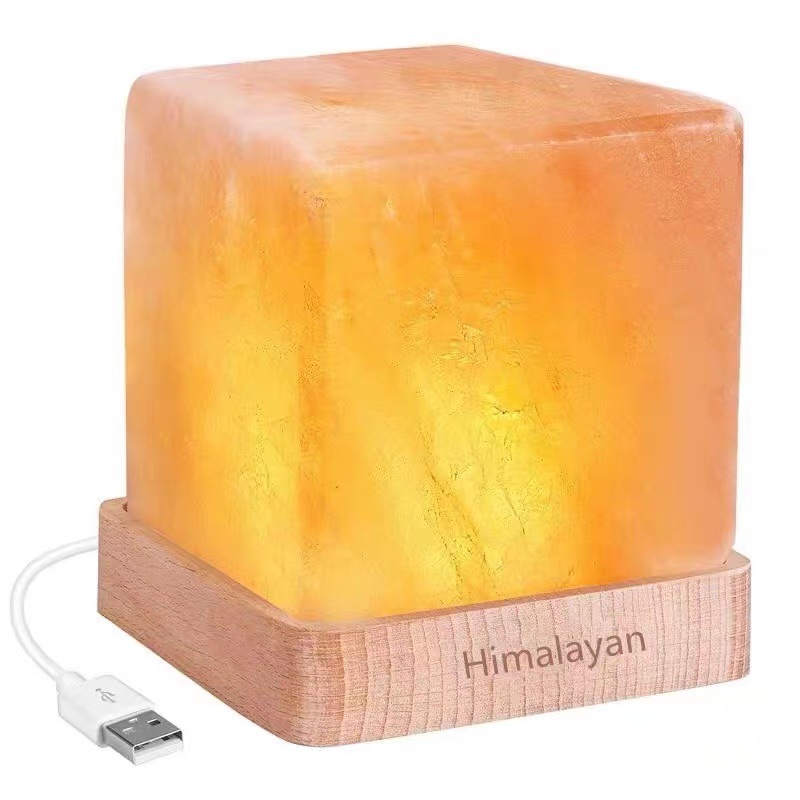盐灯水晶盐灯喜马拉雅USB供电LED方形木质底座 负离子台灯小夜灯