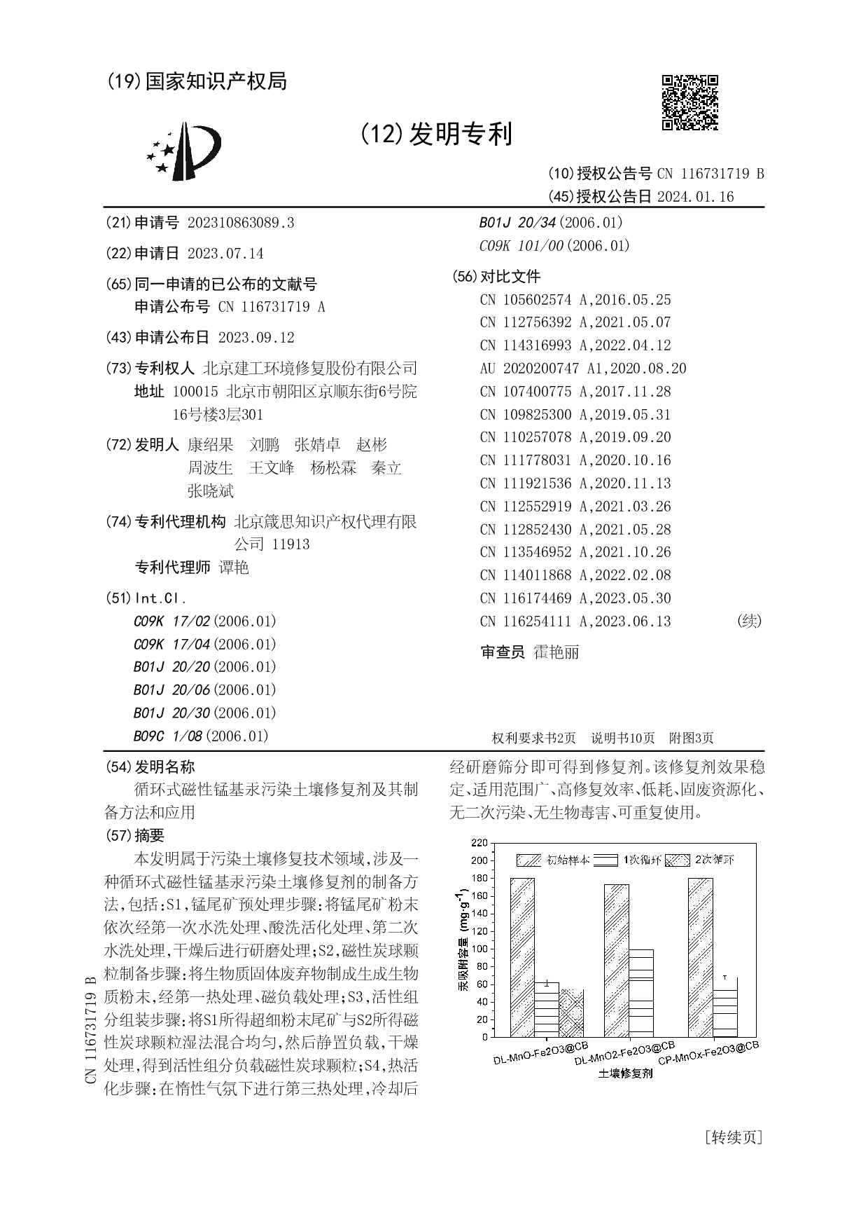 北京建工环境修复公司获授权“循环式磁性锰基汞污染土壤修复剂”发明专利