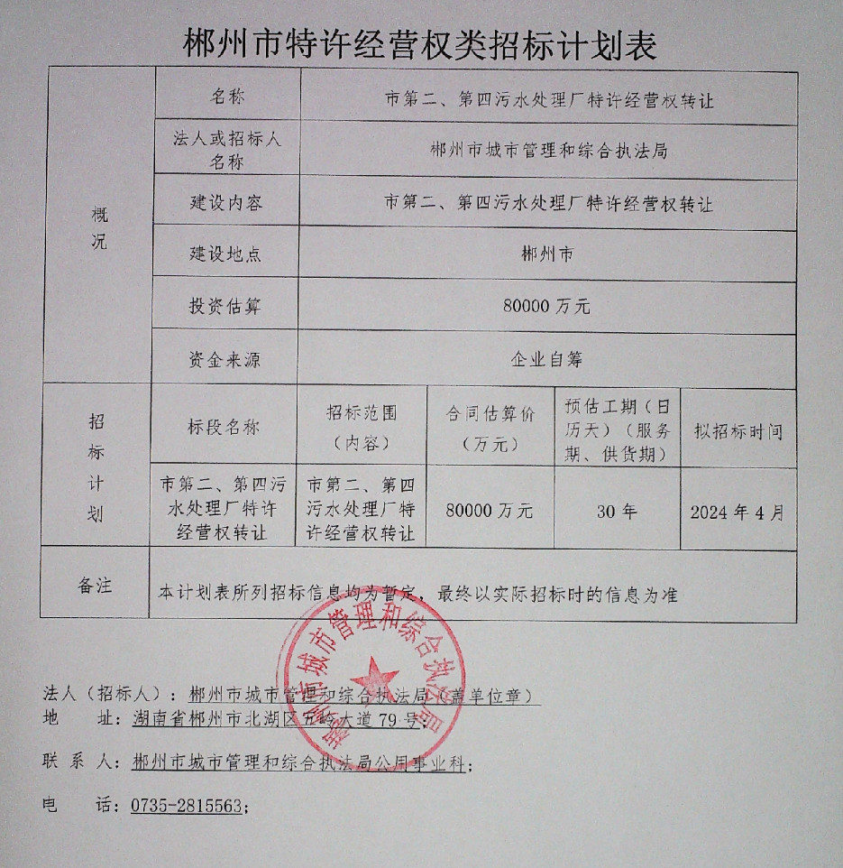 估算价8亿！郴州市第二、第四污水处理厂特许经营权转让招标计划公布！
